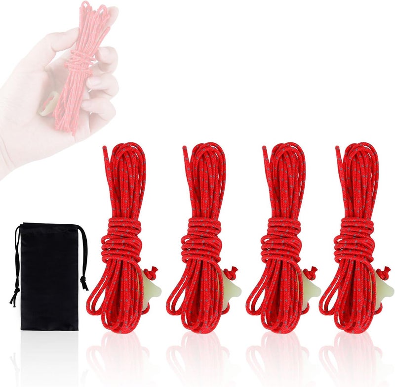 HIKEMAN Ultralight Tent Guy Ropes - 2mm Reflective Guyline,UHMWPE Camping Guide Rope with Luminescent Tensioner for Outdoor Camping Hiking Awning Tents (Red, 4M) - Image 1